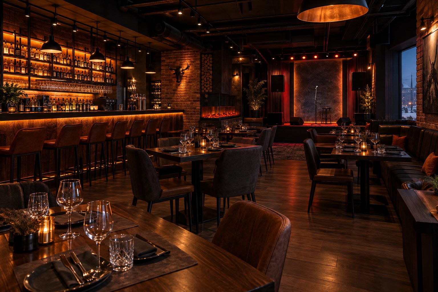 Зал гриль-бара «Мистер Стейк»: барная стойка, столики и сцена для караоке